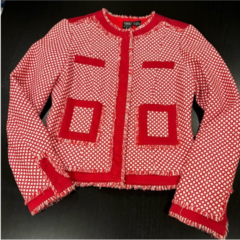 WORTH NEW Snap Front Jacket Red White Womens 4 Tailored Luxury Couture Office